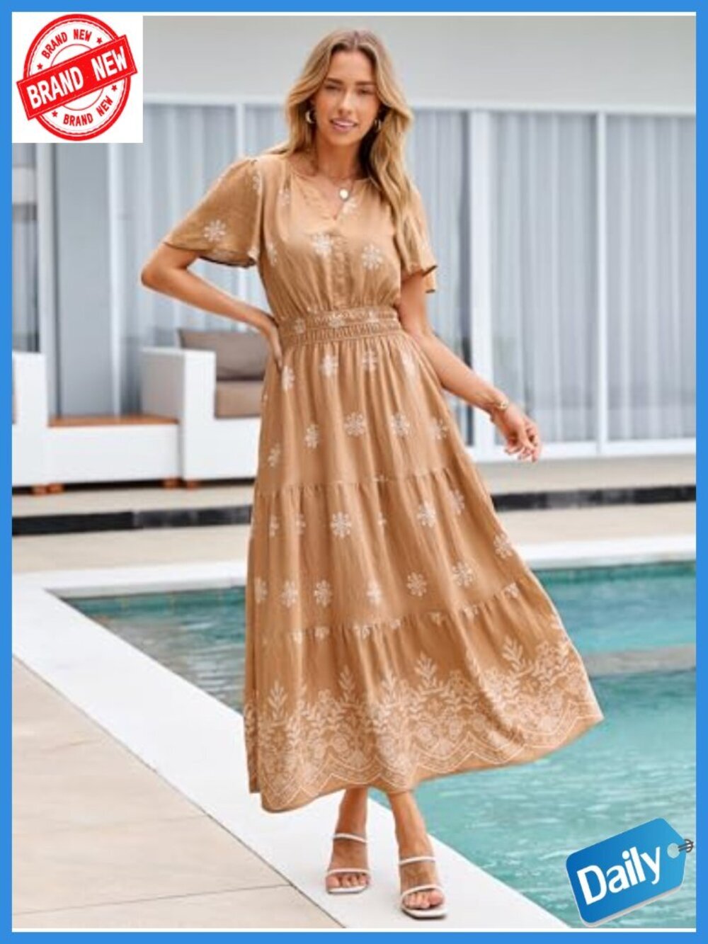 Boho Maxi Dress V-Neck Short Sleeve Floral Tiered Flowy Wedding Guest - Picture 5 of 6